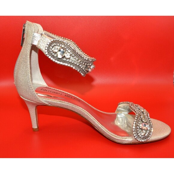 Antonio Melani Women’s Sandals 6M Silver Glitter Jeweled Ankle Strap Heels 2.5” - Picture 5 of 12